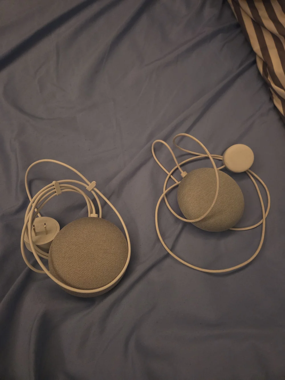 Google Mini Smart Speakers — Light Gray Fabric (Pair)